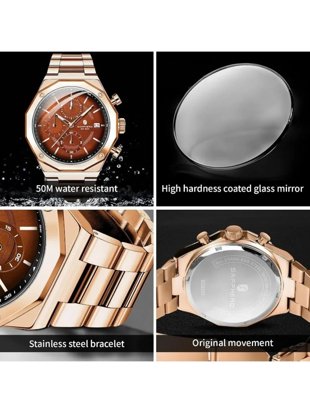 Men's Gold Brown Quartz Chronograph Stainless Steel Waterproof Wrist Watches